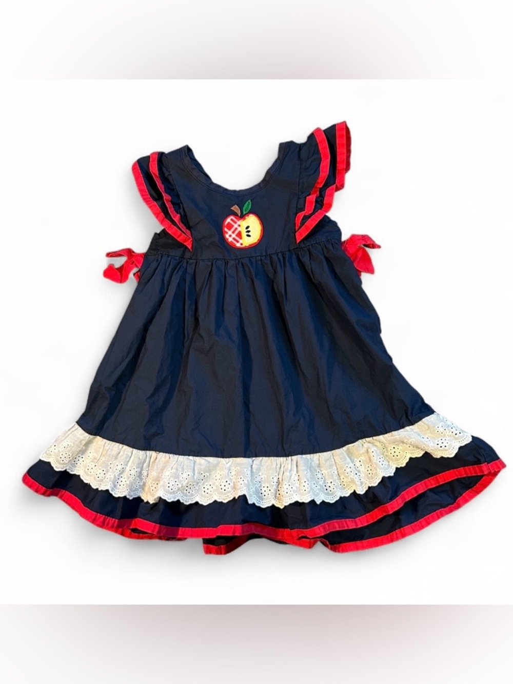 Navy Blue Ruffled Girls Casual Dress with Apple Patch